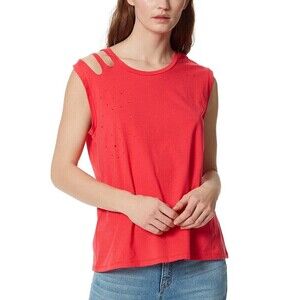 Frayed Women's Sleeveless Distressed Cold Shoulder T-Shirt Teaberry Size XS